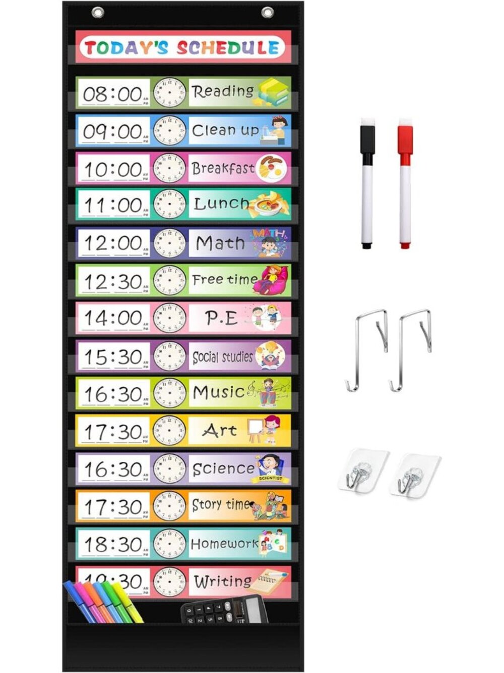 15+1 Pockets Daily Schedule Pocket Chart with 30 Pcs Double-Sided Reusable Cards
